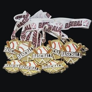 NEW - Set Of 10 - Gold Baseball-Themed Award Medals With Lanyards -Crown Awards